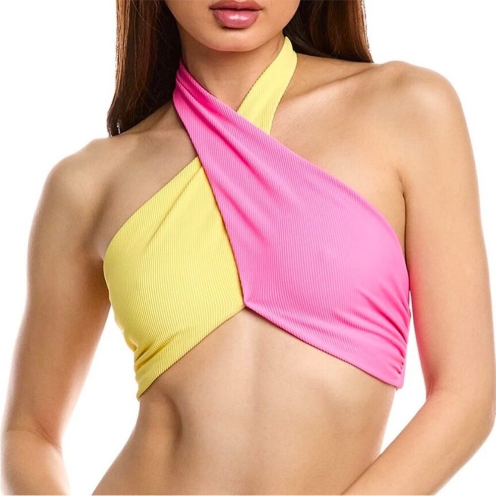BeachRIOT Jessica Bathing Suit Top Pink and Yellow Halter